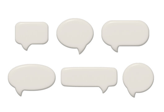 Set of 3d white empty speech bubbles. Social media chat message signs. Different shapes of bubbles talk. Rendering of various text bubble template. 3D chat box icons of different shapes include circle