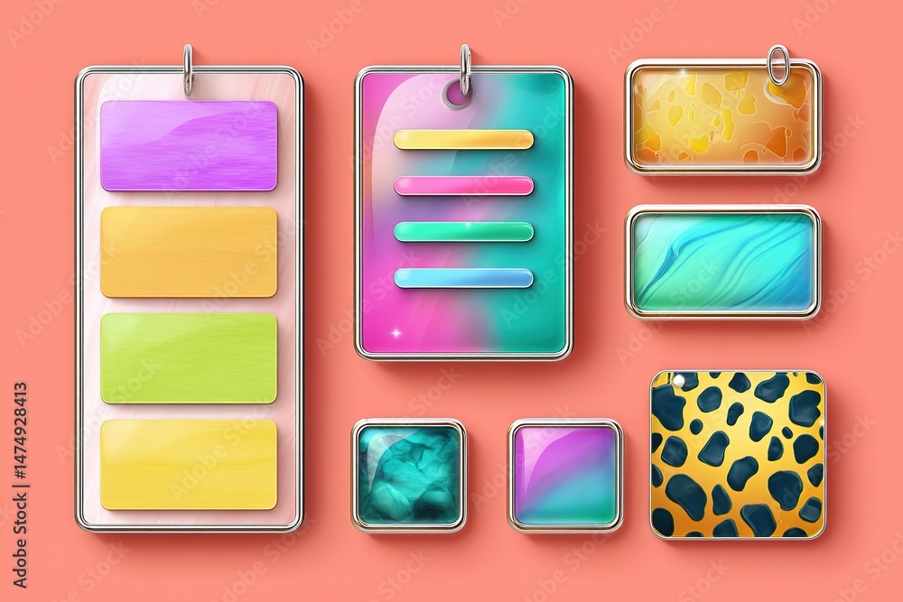 Poster colorful collection of abstract buttons and icons on a bright background suitable for digital design