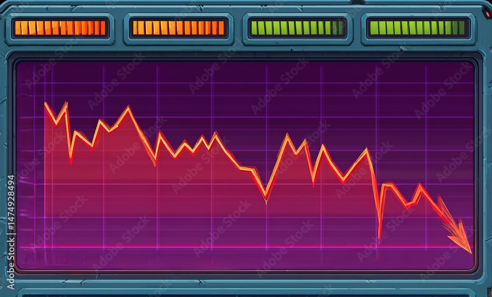 Poster economic decline displayed on a digital screen shows fluctuating data trends and significant downwar