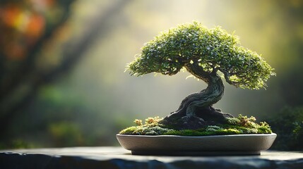 Bonsai tree in ceramic pot with green leaves outdoors