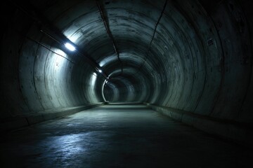 Mysterious tunnel perspective: A long, dark tunnel receding into the distance, its arched ceiling and walls illuminated by cool, directional lighting. A sense of curiosity and anticipation.