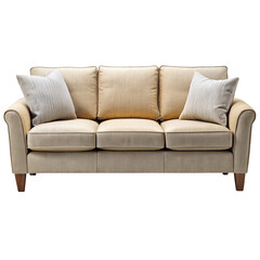Naklejka premium Elegant beige three seater sofa with cushions against black background