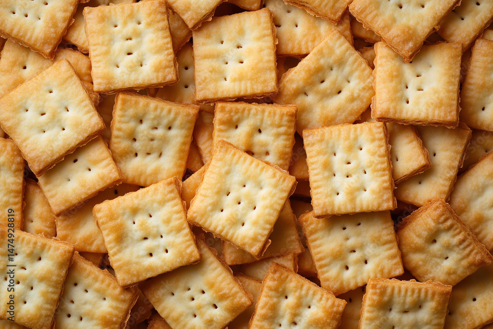 Poster close up of many crackers with a lot of holes in them. the crackers are all different sizes and shap