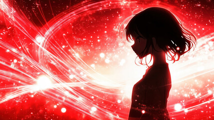 an impressive strong anime girl in a red banner design, mixed color