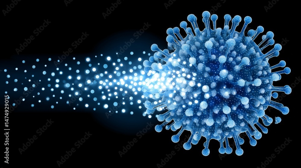 Poster holographic virus particle transforming into digital particles in abstract visualization