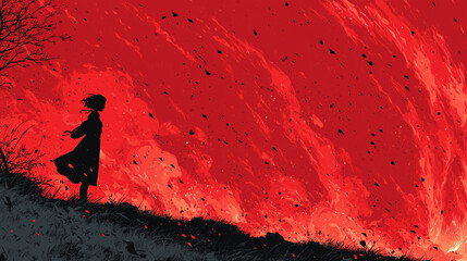 a strong emotional red banner artwork showing a woman standing alone on a field who has lost everything, hopless sad scene
