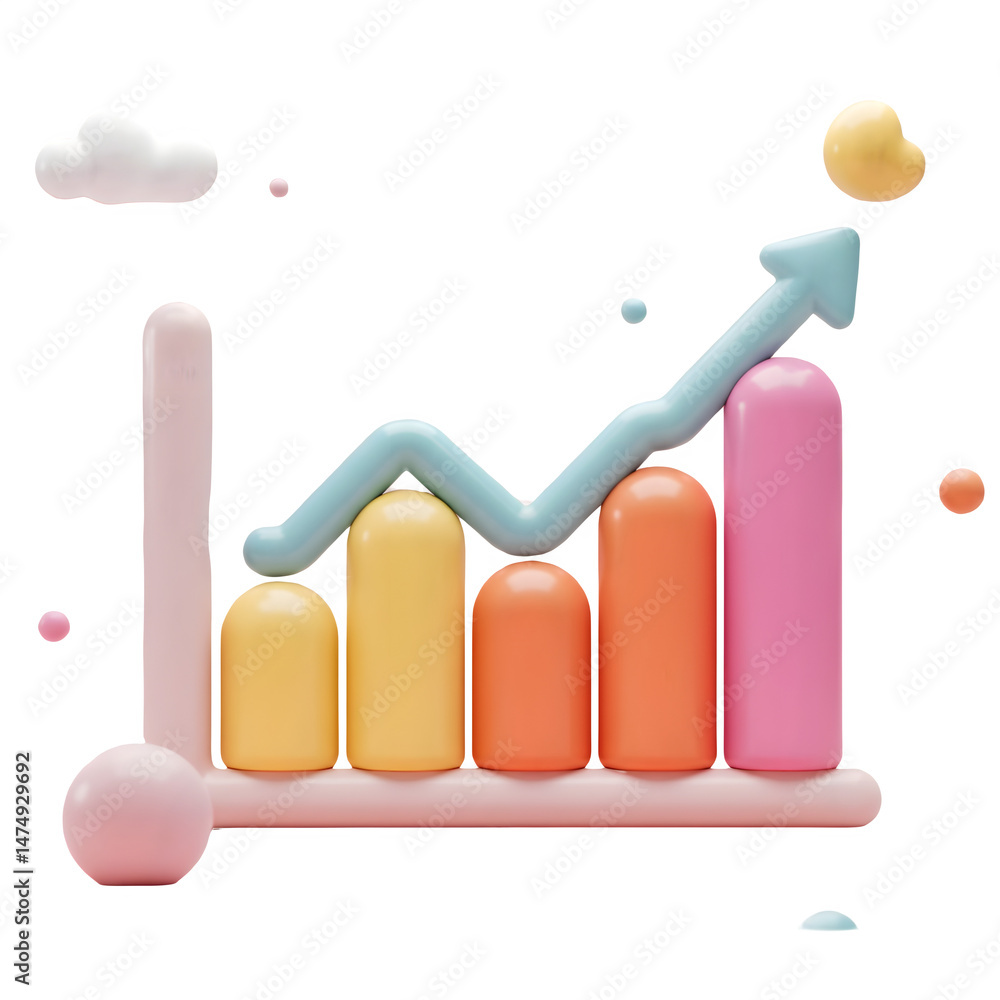 Poster pastel-colored bar graph with upward trend, illustrating growth and success. 3d rendering isolated o