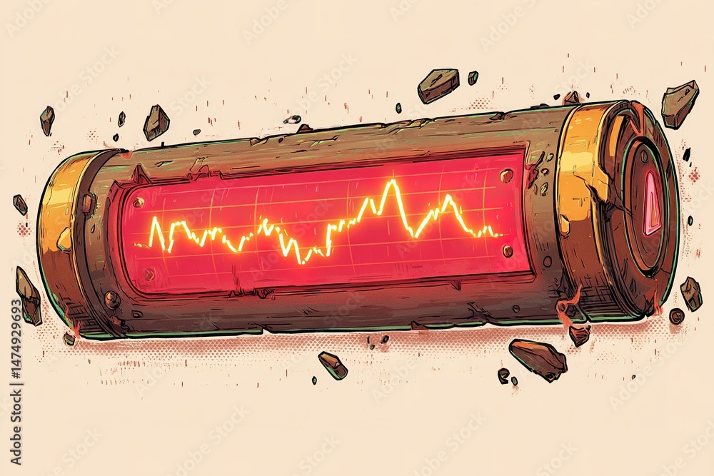 Poster intricate digital battery design with vivid display of energy levels surrounded by rocks