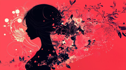 a beautiful womens day banner artwork in red and an anime girl soilhouette
