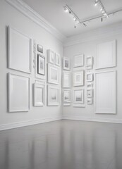 Bright white room, empty frames on gallery wall, sleek design,  home,  wall art