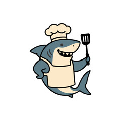 Cartoon Shark Chef Holding Spatula in Apron and Hat Isolated on White Background