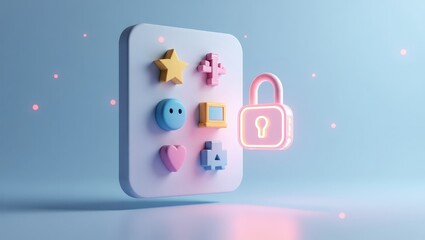 Colorful app interface locked with glowing icon &ndash; perfect for visualizing child content restrictions and safe mobile use
