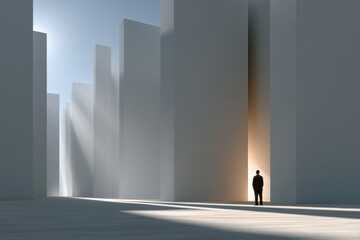 Man standing alone in an abstract urban environment with tall structures and light shining through