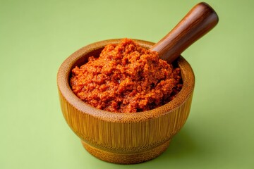 Spicy Red Paste in Wooden Mortar, Close-up View