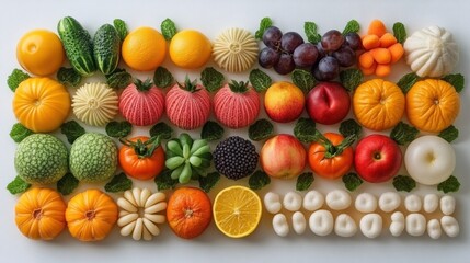 Colorful arrangement of various fruits and vegetables on white surface