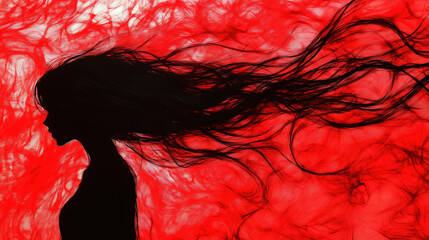 a beautiful sad anime girl with long hair, red banner design