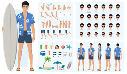 Cartoon Man Character creation and Animation Pack with Man Wearing Hawaii shirt and swimming shorts , lip sync, side, front and back view with Accessories summer Vector Illustration
