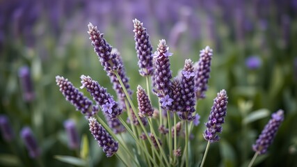Obraz premium A vibrant close-up photograph showcases a cluster of fragrant purple lavender blossoms in a field, exhibiting their delicate texture and rich color.