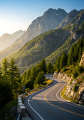 Scenic motor road with sharp curves clear sky and mountains for road trips and hikes.