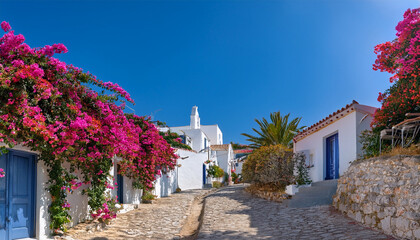 colorful bougainvilleas adorn a charming cobbled path in a picturesque village under a clear blue