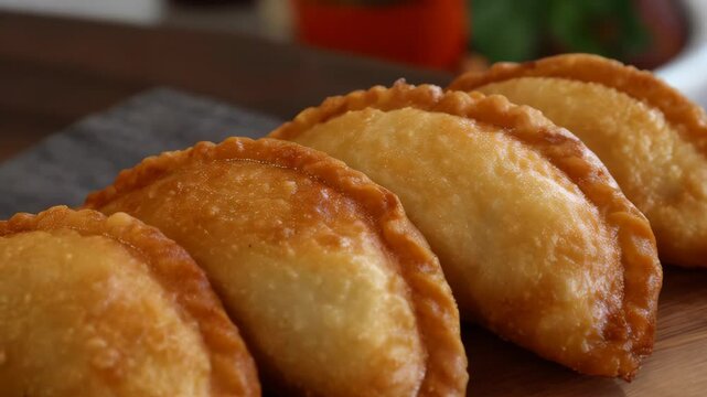 Close-up view of several golden, fried empanadas, arranged in a row on a wooden cutting board, showing crispy, flaky texture.