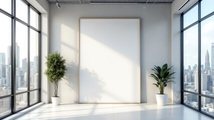 Fototapeta premium Modern Office Interior with Large Blank Canvas City View