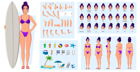 Woman Wearing Bikini Character creation and Animation Pack, lip sync, side, front and back view with Accessories summer Vector Illustration