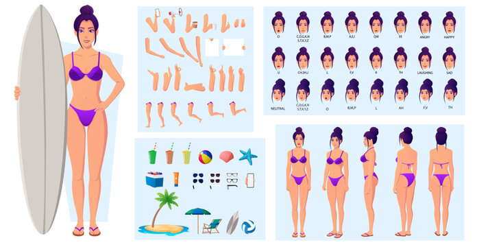 Woman Wearing Bikini Character creation and Animation Pack, lip sync, side, front and back view with Accessories summer Vector Illustration
