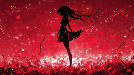 a sad anime girl standing in an impressive strong banner artwork, red field color