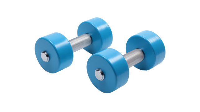 A close up shot of two light blue dumbbells on a black background studio shot