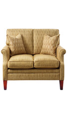Fototapeta premium Elegant love seat sofa with textured fabric upholstery and decorative pillows