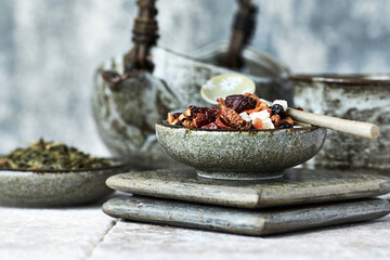 Dried Fruit Tea on stone background.	