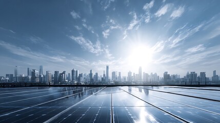 Obraz premium Urban sustainability panorama with skyline reflected in solar panel array