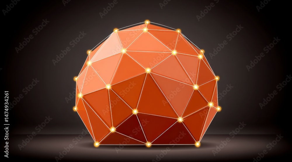 Poster futuristic orange sphere global network blockchain polygonal technology connection