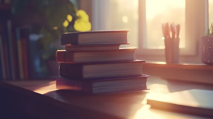 Books stacked on wooden surface illuminated by sunlight