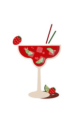 Retro style Margarita cocktail with strawberries. Illustration of Margarita drink isolated with ice cubes, lime, strawberries and cocktail straws. Image. Poster. Background. Wallpaper. Design.