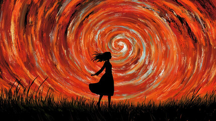 a lonely but free girl standing in a big surrealistic field, red color inspired