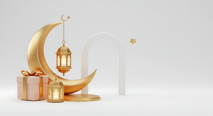 Golden Crescent Moon with Lanterns and Gift Box, 3D Render for Islamic Holidays and Festive Greetings