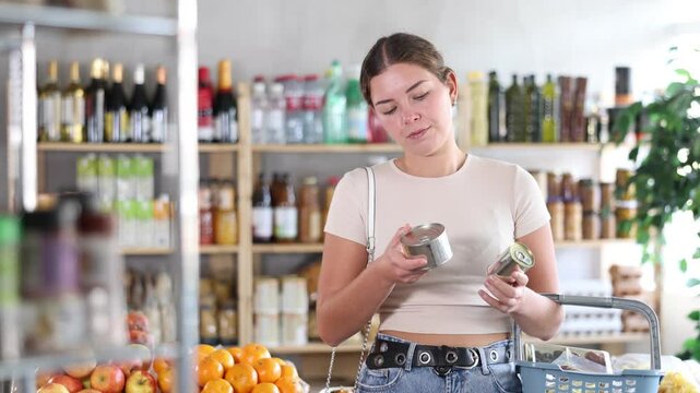 Young woman is holding two tin cans of canned food in hands, choosing pate for sandwiches. She carefully studies information for consumer, thinks about buying
