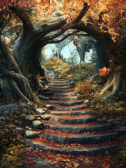 Stone Steps Ascend Through Autumn Forest Archway Leading to Light in Enchanted Woods Landscape