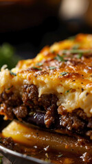 Vertical close-up of Moussaka with layers of b&eacute;chamel, meat, eggplant, and potatoes