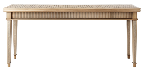 Elegant console table in light wood with intricate carved detailing stands alone