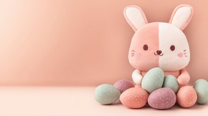 Fototapeta premium Cute Bunny Plush Toy Hugging Pastel Easter Eggs