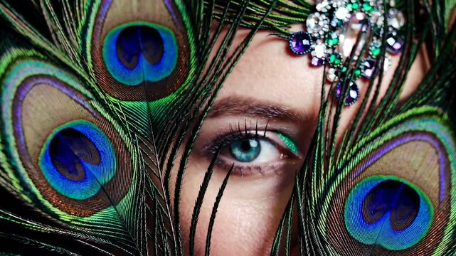 The peacock goddess is imagined as a resplendent entity enveloped by an infinite array of radiant peacock plumage