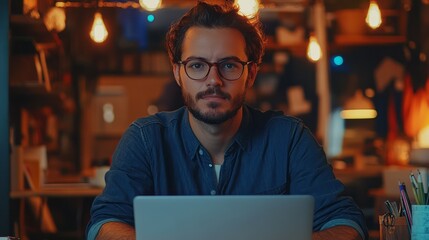 Fototapeta premium Focused young man seated at a laptop in a modern workspace.