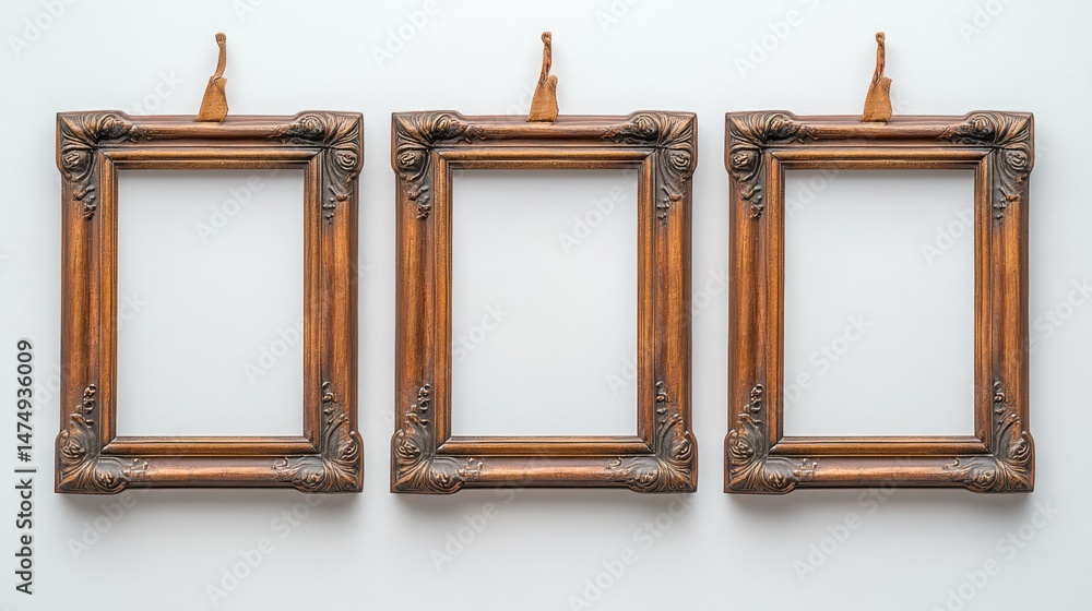 Poster Floating Frame Triptych - Three empty frames of identical style arranged in a floating triptych composition on white.