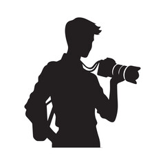 Young man holding camera silhouette vector. Photographer icon
