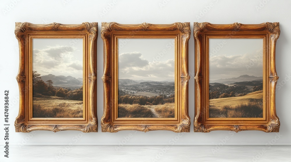 Poster Floating Frame Triptych - Three empty frames of identical style arranged in a floating triptych composition on white.