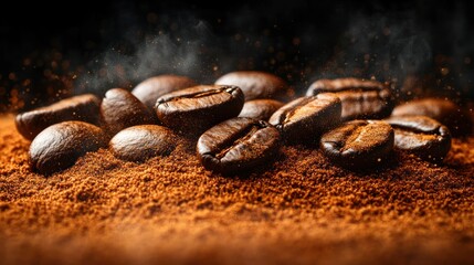 Roasted coffee beans and grounds. Steam rising