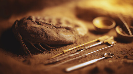 Ancient skeleton with visible pelvic bones, forensic tools nearby; uncovering human history through bone analysis.